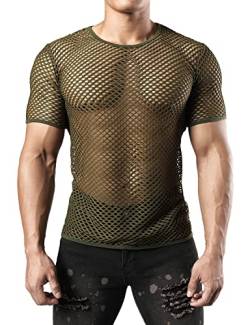 JOGAL Herren Muskel Transparent Kurzarm Shirts Netz Hemd Armee Grün X-Large von JOGAL