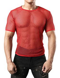 JOGAL Herren Muskel Transparent Kurzarm Shirts Netz Hemd Large Rot von JOGAL