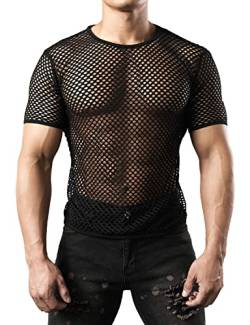 JOGAL Herren Muskel Transparent Kurzarm Shirts Netz Hemd Large Schwarz von JOGAL