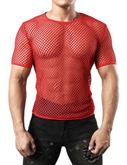 JOGAL Herren Muskel Transparent Kurzarm Shirts Netz Hemd Small Rot von JOGAL