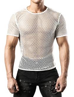 JOGAL Herren Muskel Transparent Kurzarm Shirts Netz Hemd X-Large Weiß von JOGAL