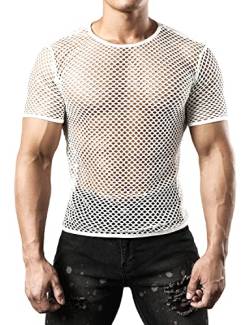 JOGAL Herren Muskel Transparent Kurzarm Shirts Netz Hemd XX-Large Weiß von JOGAL