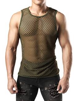 JOGAL Herren Muskel Transparent Shirts ärmellos Netz Unterhemd Armee Grün X-Large von JOGAL
