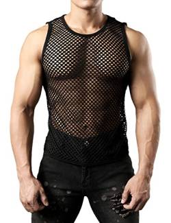 JOGAL Herren Muskel Transparent Shirts ärmellos Netz Unterhemd Large Schwarz von JOGAL