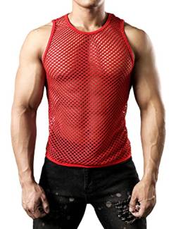 JOGAL Herren Muskel Transparent Shirts ärmellos Netz Unterhemd Small Rot von JOGAL