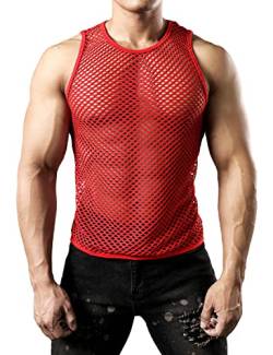JOGAL Herren Muskel Transparent Shirts ärmellos Netz Unterhemd X-Large Rot von JOGAL