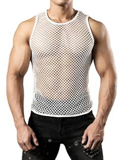 JOGAL Herren Muskel Transparent Shirts ärmellos Netz Unterhemd X-Large Weiß von JOGAL