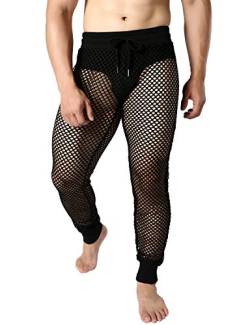 JOGAL Herren Netz Fischnetzhose Muskel Transparent Hose Mesh Durchsichtige Muskelleggings mit Kordelzug Schwarz XX-Large von JOGAL