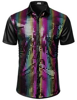 JOGAL Herren Pailletten Hemd 70er Kurzarm Disco Party Kostüm Regenbogen X-Large von JOGAL