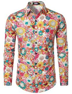 JOGAL Herren Regular Fit Floral Business Hemd Langarm Button Down Print Freizeithemd Beige Daisy XX-Large von JOGAL