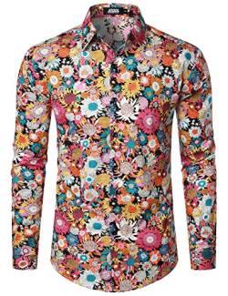 JOGAL Herren Regular Fit Floral Business Hemd Langarm Button Down Print Freizeithemd Schwarz Gänseblümchen X-Large von JOGAL