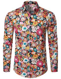 JOGAL Herren Regular Fit Floral Business Hemd Langarm Button Down Print Freizeithemd Schwarz Gänseblümchen XX-Large von JOGAL