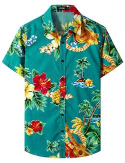 JOGAL Herren Strand Hemd Kurzärmelig Freizeit Button Down Kurzarm Hawaii Hemd für Herren Grüne Gitarre Klein von JOGAL