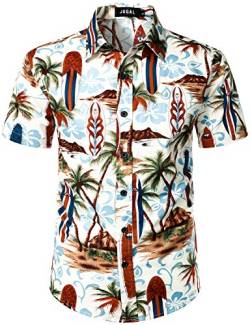 JOGAL Herren Strand Hemd Kurzärmelig Freizeit Button Down Kurzarm Hawaii Hemd für Herren Small Weiß Braun von JOGAL