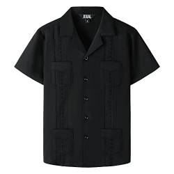 JOGAL Jungen 100% Baumwolle Kurzarm Guayabera Hemd Kinder Einfarbig bügelleicht Sommer Freizeit Hemd Jahre 13-14 Schwarz von JOGAL