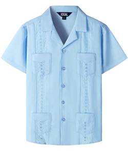 JOGAL Jungen 100% Baumwolle Kurzarm Guayabera Hemd Kinder Einfarbig bügelleicht Sommer Freizeit Hemd Jahre 9-10 Blau von JOGAL