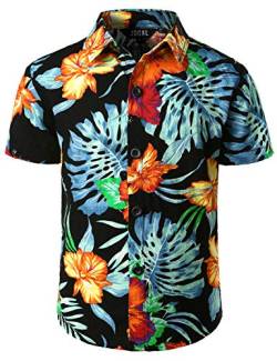 JOGAL Jungen Casual Funky Kurzarm Hawaiihemd Kinder Blumenmuster Knopfleiste Hemd Jahre 12 Schwarze Hibiskus von JOGAL