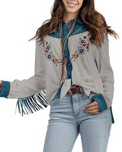 JOHN MOON Damen Bestickte Western Langarm Knöpfe Down Shirts Kragen Retro Casual Blusen Shirts, GRAU, Groß von JOHN MOON