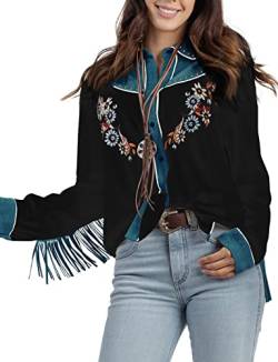 JOHN MOON Damen Bestickte Western Langarm Knöpfe Down Shirts Kragen Retro Casual Blusen Shirts, Schwarz, 3X-Groß von JOHN MOON