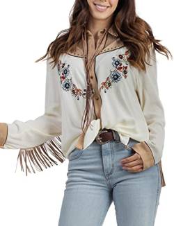 JOHN MOON Damen Bestickte Western Langarm Knöpfe Down Shirts Kragen Retro Casual Blusen Shirts, Weiss/opulenter Garten, 3X-Groß von JOHN MOON