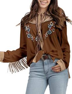 JOHN MOON Damen Bestickte Western Langarm Knöpfe Down Shirts Kragen Retro Casual Blusen Shirts, coffee, Mittel von JOHN MOON