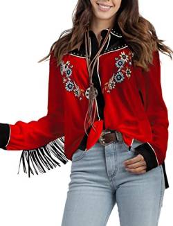 JOHN MOON Damen Bestickte Western Langarm Knöpfe Down Shirts Kragen Retro Casual Blusen Shirts, rot, Groß von JOHN MOON