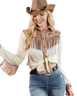 JOHN MOON Langärmeliges Westernhemd für Damen, mit Blumenstickerei, Cowgirl, Button-Down-Shacket Bluse, Country-Rodeo-Outfit, Weiss/opulenter Garten, Mittel von JOHN MOON