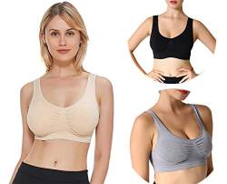 JOJOANS 3er Pack Sports BH Bralette Die ultimative Komfort-BH gepolstert Nahtlose Stretch Action Freizeit hochwertige Unterwäsche (Hautfarben+Schwarz+Licht Grau, L) von JOJOANS