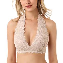 JOJOANS Damen Blumen BH Spitze Halfter Bralette un-Gepolstert Mesh gefüttert V-Ausschnitt Jeden Tag BHS Top für Frauen,M,Nackt von JOJOANS