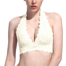 JOJOANS Damen Blumen BH Spitze Halfter Bralette un-Gepolstert Mesh gefüttert V-Ausschnitt Jeden Tag BHS Top für Frauen,S,Creme Weiß von JOJOANS