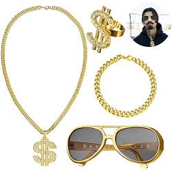 4 Stück Dollar Zeichen Halskette Ringe Sonnenbrille Goldkette Set, Hip Hop Kostüm Accessories Set, Hiphop Rapper Punk Gold Kette, Hiphop Schmuck für 80s/90s Herren Fasching Karneval Party von JOKILY