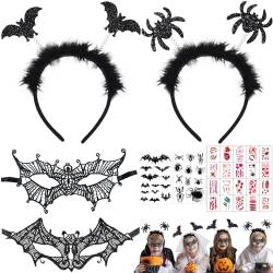 JOKILY Halloween Kostüm Damen Zubehör, Halloween Haarreif mit Plüsch und Glitzereffekten, Fledermaus Haarschmuck Spinne Haarreifen mit Halloween Temporäre Tattoos, Augenmaske aus Spitzer für Karneval von JOKILY