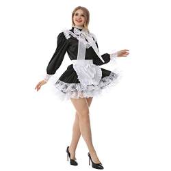 JOLINE Sissy Satin Maid Französisch Hoch Hals Kleid Uniform Crossdressing (XL) von JOLINE