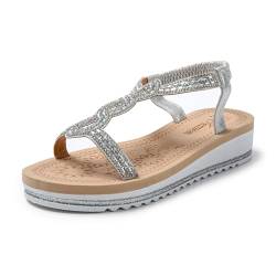 JOMIX Damen Sommer Sandalen mit Strass Frauen Bohemian Sandals Freizeit Strand Sandalette Plattform Flip Flops (Silber, 38 EU) von JOMIX