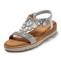 JOMIX Damen Sommer Sandalen mit Strass Frauen Bohemian Sandals Freizeit Strand Sandalette Plattform Flip Flops (Silber, 38 EU, SD9115) von JOMIX