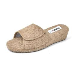 JOMIX Hausschuhe Damen Sommer Plüsch Pantoffeln Klettverschluss Rutschfeste Bequeme Frottee Slipper Hausschuhe (Beige 39 EU) von JOMIX