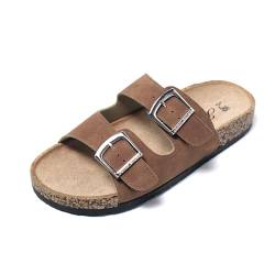 JOMIX Pantoletten Damen Sommer Sandalen mit Kork Fußbett Elegant Flach Hausschuhe Weiche Verstellbaren Schnalle Meer Strand Schlappen (Braun, 38 EU) von JOMIX