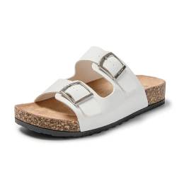 JOMIX Pantoletten Damen Sommer Sandalen mit Kork Fußbett Elegant Flach Hausschuhe Weiche Verstellbaren Schnalle Meer Strand Schlappen (Weiß, 40 EU) von JOMIX