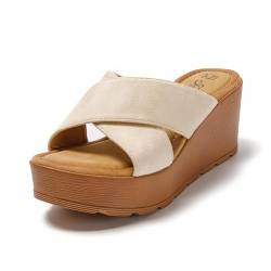 JOMIX Pantoletten Damen mit Absatz Leder Sandaletten Plateau Sommer Frauen Schuhe Keilsandalen Elegant (Beige, 40 EU, SD9118) von JOMIX