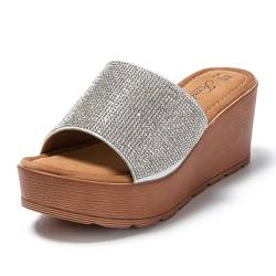 JOMIX Plateau Pantoletten Damen Sandalen mit Weich Fußbett Frauen Sommer Offene Schuhe Leder Plattform Freizeit Sommerschuhe (Silber, 37 EU, SD9101) von JOMIX