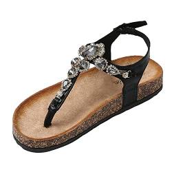 JOMIX Sommer Flip Flops Damen Glitzer Zehentrenner Strasssteine Sandalen Elegant Kristall Pantoletten Bequeme Kork Fußbett (02 Schwarz Größe Klein 1 Nummer, 37 EU) von JOMIX