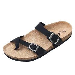 JOMIX Sommer Sandalen Damen Flache Pantoletten Zehenring Elegante Doppelriemen Strandschuhe Kork Fußbett Meer Pool Strand Outdoor (Schwarz, 39 EU) von JOMIX