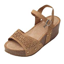 JOMIX Sommer Sandaletten Damen Keilabsatz Sandalen mit Strasssteine Knopfleiste Bequeme Leder Fußbett Meer Strand Outdoor (02 Braun, 39 EU) von JOMIX