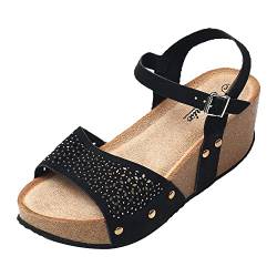 JOMIX Sommer Sandaletten Damen Keilabsatz Sandalen mit Strasssteine Knopfleiste Bequeme Leder Fußbett Meer Strand Outdoor (02 Schwarz, 40 EU) von JOMIX