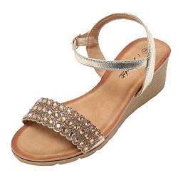 JOMIX Sommer Sandaletten Damen Keilabsatz Sandalen mit Strasssteine Knopfleiste Bequeme Leder Fußbett Meer Strand Outdoor (Gold Größe Klein 1 Nummer, 37 EU) von JOMIX