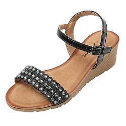 JOMIX Sommer Sandaletten Damen Keilabsatz Sandalen mit Strasssteine Knopfleiste Bequeme Leder Fußbett Meer Strand Outdoor (Schwarz Größe Klein 1 Nummer, 36 EU) von JOMIX