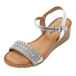 JOMIX Sommer Sandaletten Damen Keilabsatz Sandalen mit Strasssteine Knopfleiste Bequeme Leder Fußbett Meer Strand Outdoor (Silber Größe Klein 1 Nummer, 36 EU) von JOMIX