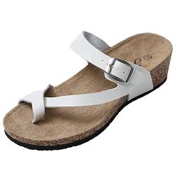 JOMIX Sommer Sandaletten Damen Leder Zehentrenner Schnalle Zehenring Keilabsatz Sandalen Bequeme Weiche Kork Fußbett (01 Weiß, 38 EU) von JOMIX