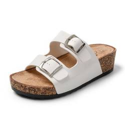 JOMIX Sommer Sandaletten Damen Pantoletten Leder Keilabsatz Sandalen Bequeme Kork Fußbett Meer Pool Strand Outdoor (Weiß Größe Klein 1 Nummer, 39 EU) von JOMIX