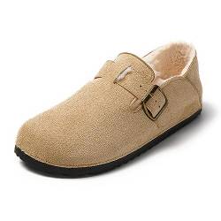 JOMIX Winter Geschlossener Clogs Damen Plüsch Gefüttert Mokassins Warme Hausschuhe Flache Slipper Indoor Outdoor (Beige, 40 EU) von JOMIX